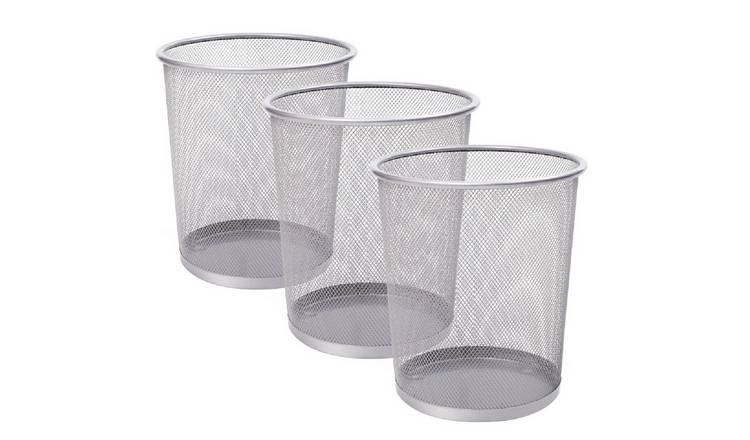 Keplin Pack of 3 Round Mesh Metal Waste Paper Bins - Silver
