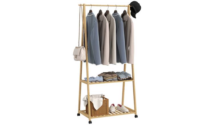HOMCOM Bamboo Clothes Rail Rack with Wheels - Natural Wood Effect