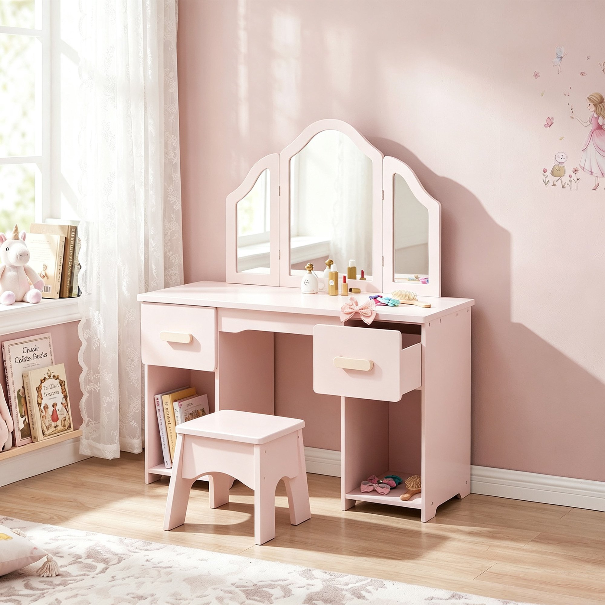 AIYAPLAY 3 Years Plus Tri-Folding Mirror Dressing Table and Chair Set – Pink - Image 2