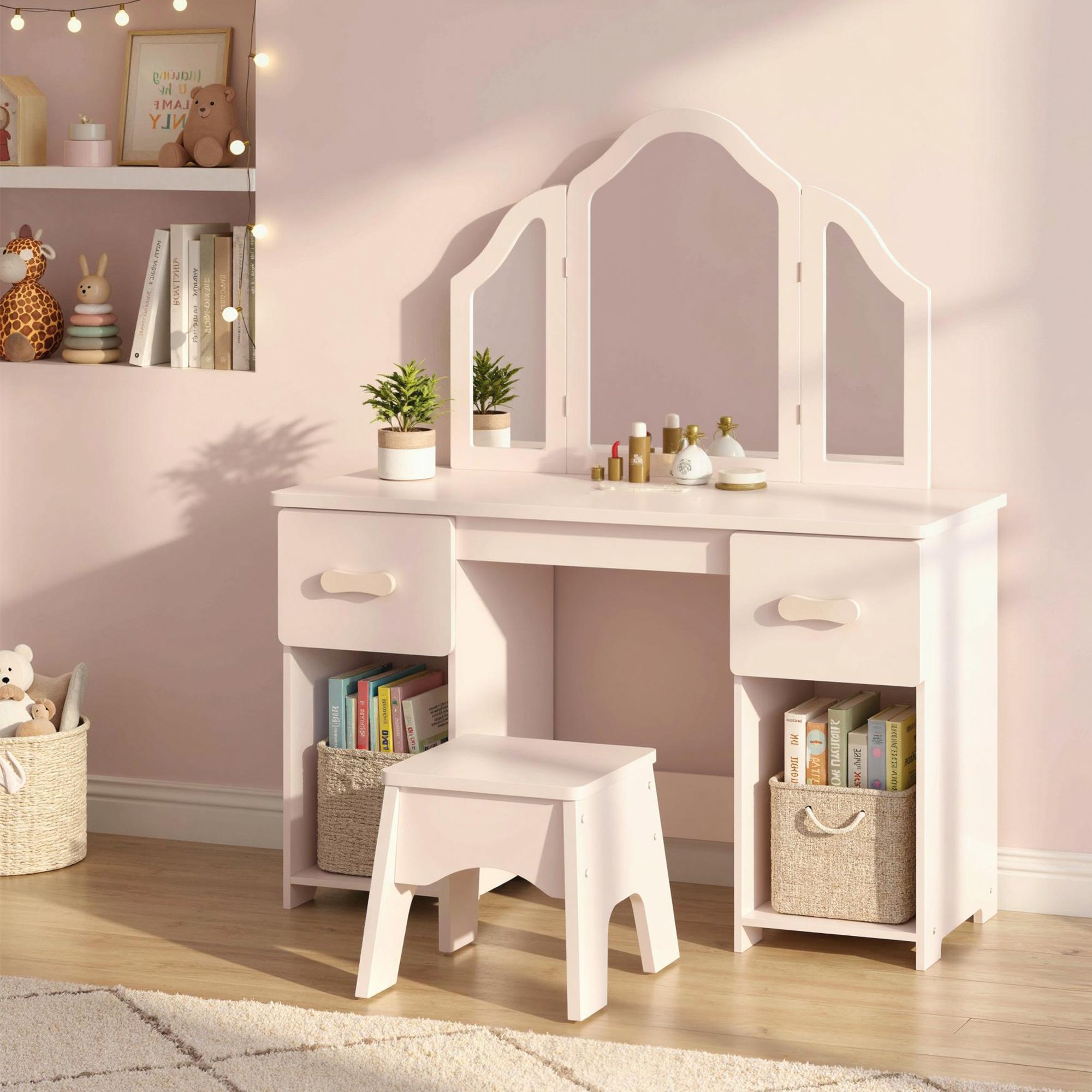AIYAPLAY 3 Years Plus Tri-Folding Mirror Dressing Table and Chair Set – Pink - Image 3