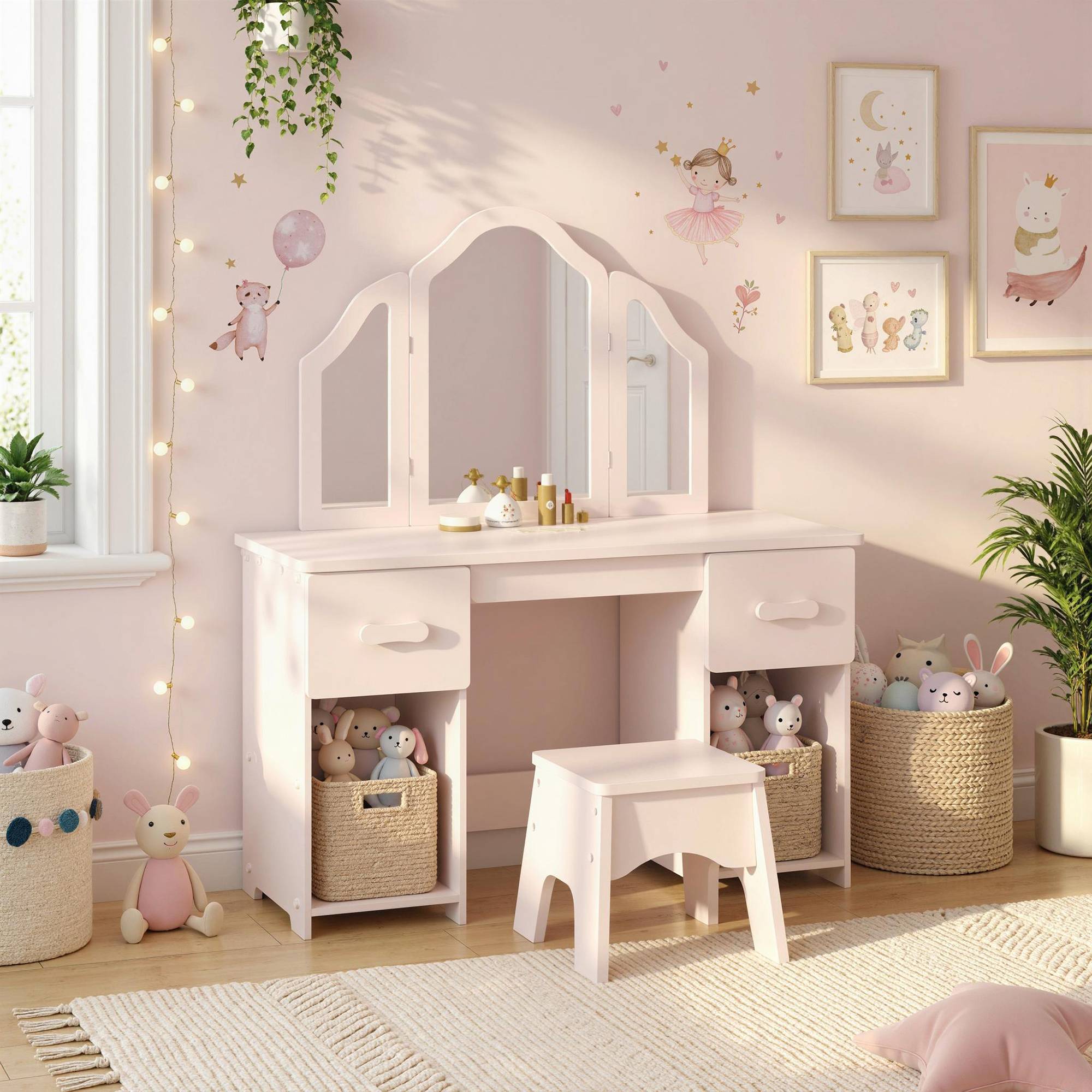 AIYAPLAY 3 Years Plus Tri-Folding Mirror Dressing Table and Chair Set – Pink - Image 4