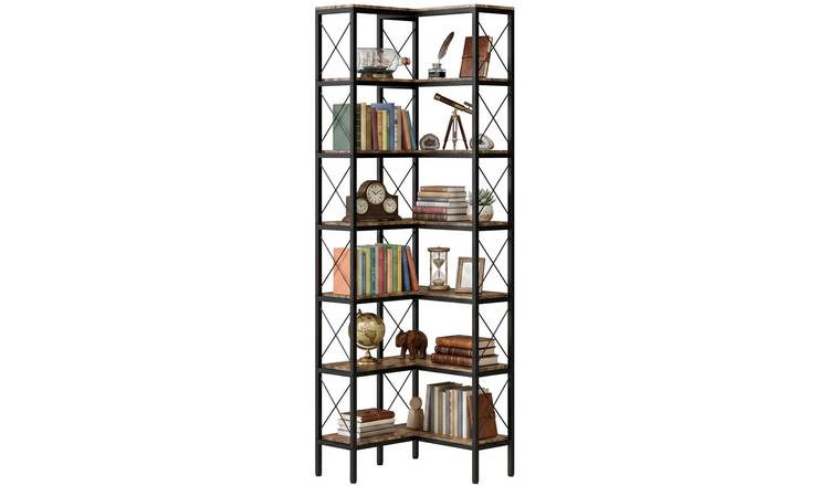 HOMCOM 6 Tier Metal Freestanding Corner Storage Bookcase - Rustic Brown