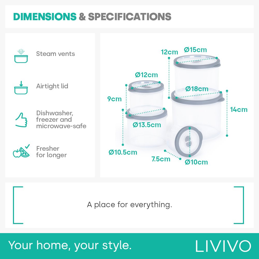 LIVIVO Set of 5 Airtight Food Storage Round Containers - Grey - Image 6