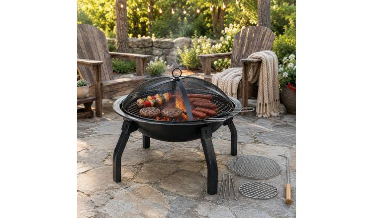 Keplin 55cm Portable Folding Steel Fire Pit with Grill and Lid - Black