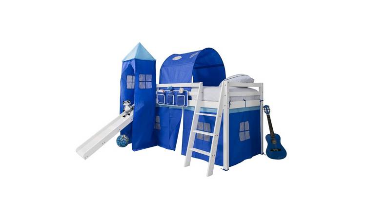 Noa & Nani Moro Midsleeper Cabin Bed With Slide & Blue NW Tent Package - White