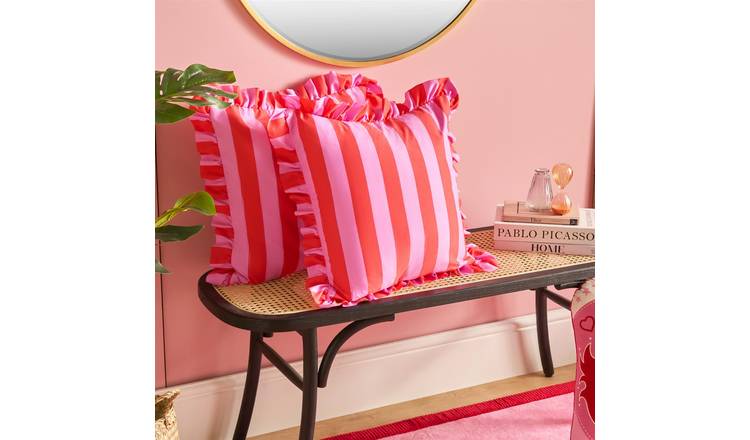 OHS 2 Pack Stripe Frill Cushion Covers 45 x 45cm - Red/Pink