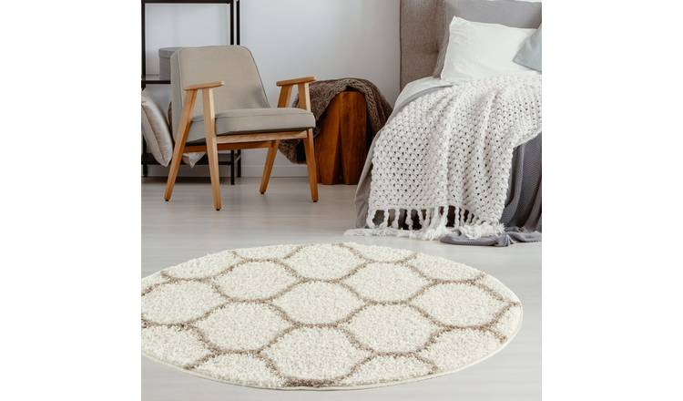 The Rugs  Cream and Beige Moroccan Shaggy Trellis Round Rug - 120cm