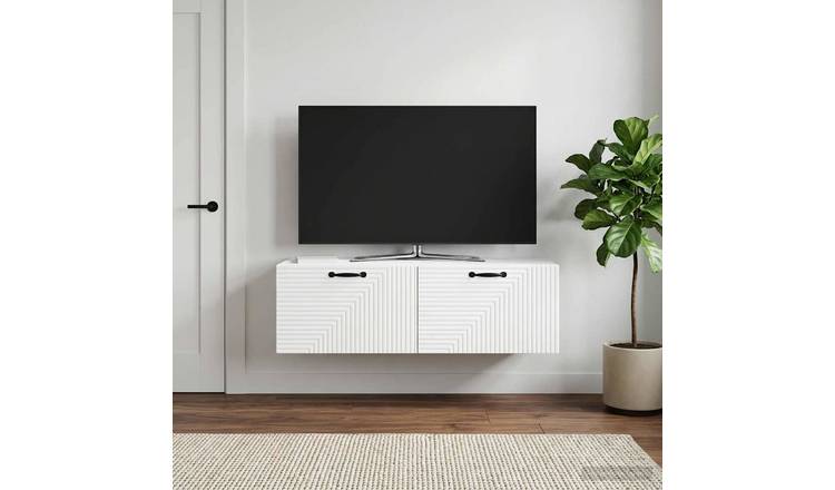 Walplus Wood Wall Mounted TV Cabinet Tall Unit - White - 98 x 41 x 30 cm
