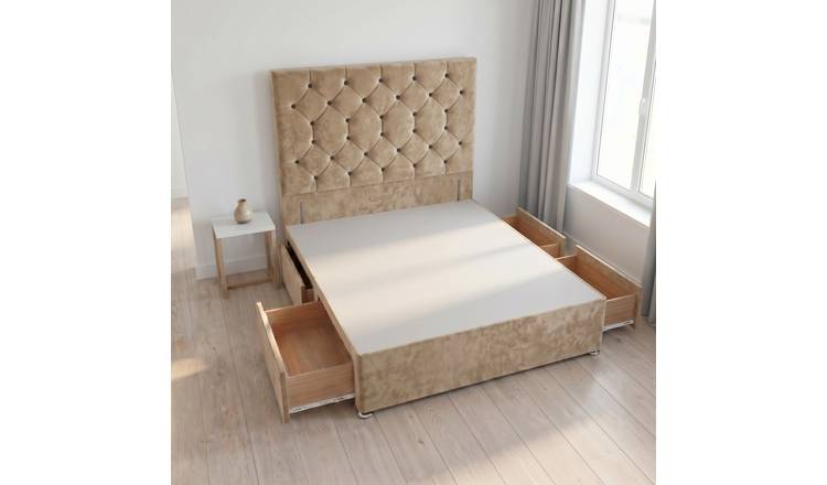 Somnior Diamante Velvet 4FT Small Double 4 Drawer Divan Bed Base - Beige