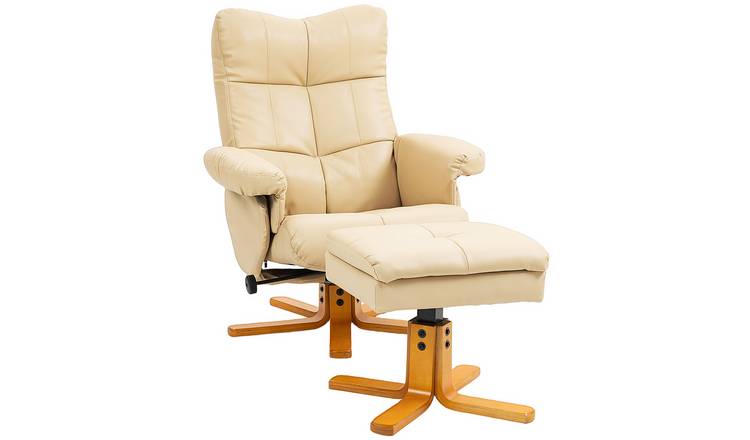HOMCOM PU Leather Swivel Recliner Chair with Footstool - Beige
