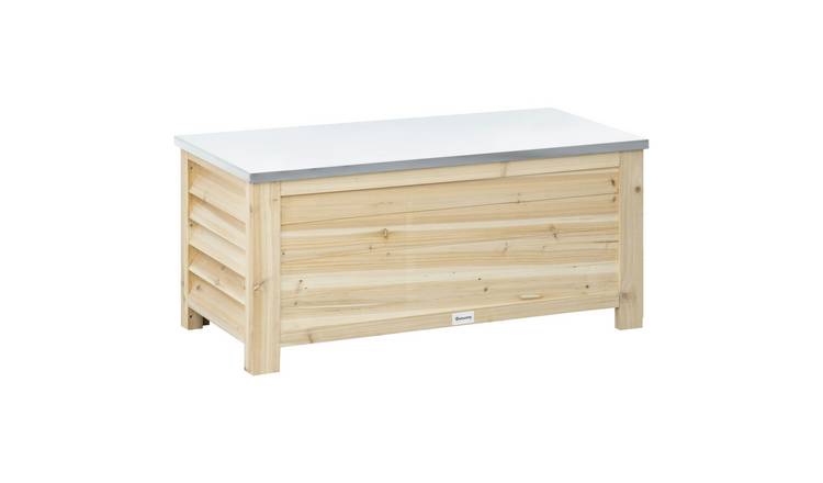 Outsunny Outdoor Storage Box with Metal Top & Shutter Sides - Natural Wood
