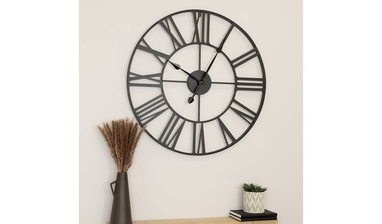 Charles Bentley Round Skeleton Clock with Roman Numerals - Black