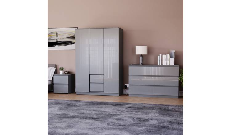 Vida Designs Glinton Bedroom Set (Bedside, 6 Drawer Chest, 3x2 Wardrobe) - Grey