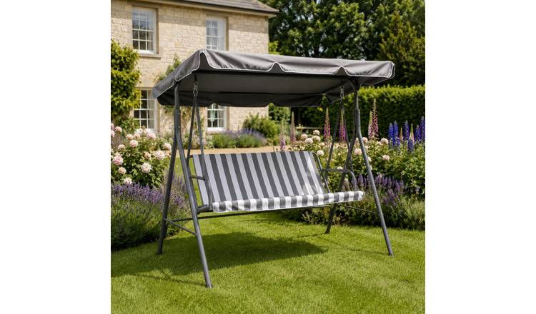 OHS 3 Seater Garden Swing Chair Hanging Bench - Grey Stripe