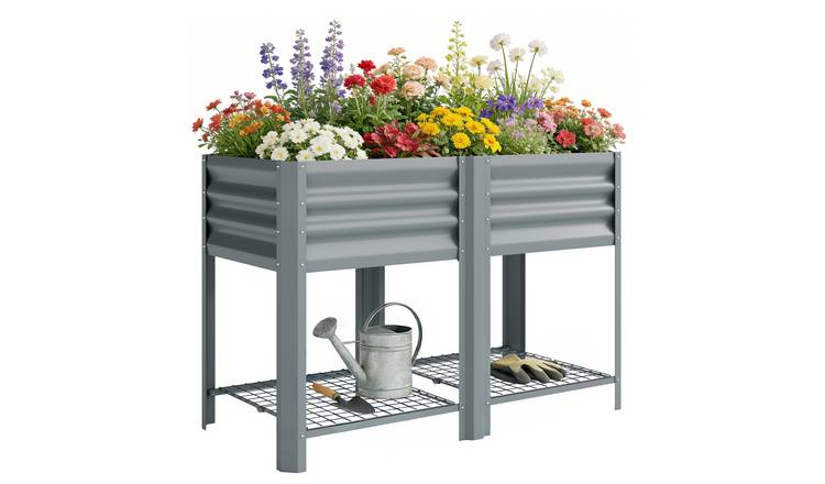 Outsunny Metal Raised Garden Bed with Storage Shelf - Grey