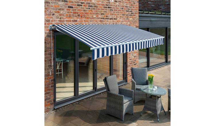 Primrose Awnings 2.0m x 1.5m Retractable Manual Awning Canopy - Blue and White