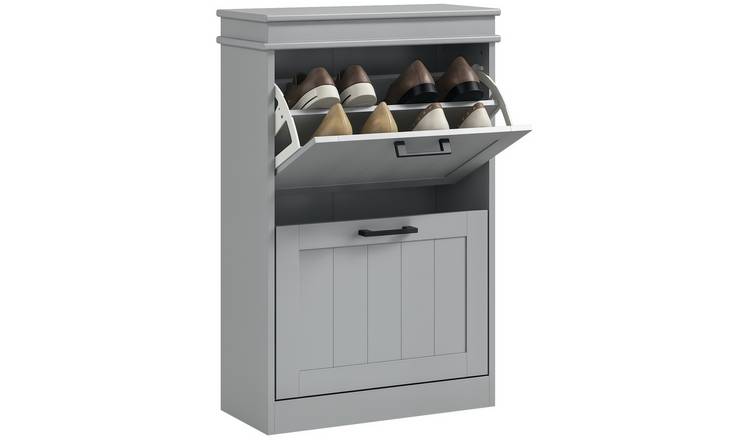 HOMCOM Fluted Shoe Cabinet with 2 Drop Down Drawers - Grey