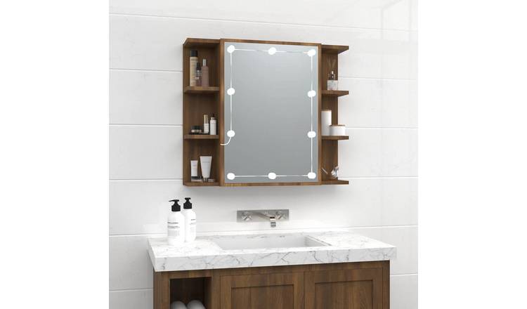 Walplus Engineered Wood Mirror Cabinet with LED - Brown Oak - 70 x 16.5 x 60 cm