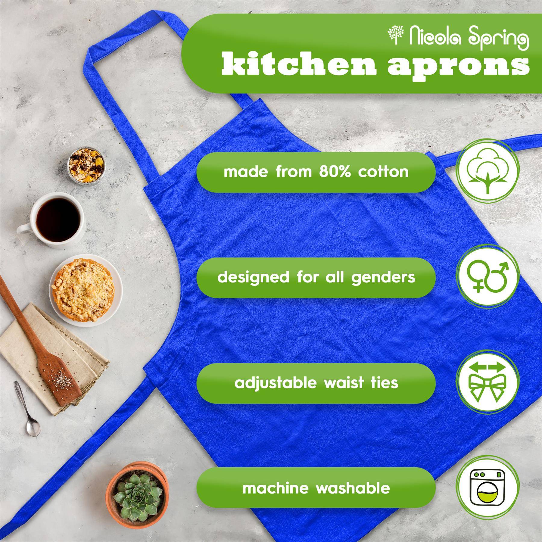 Nicola Spring Cotton Kitchen Bib Apron - Royal Blue - Image 2