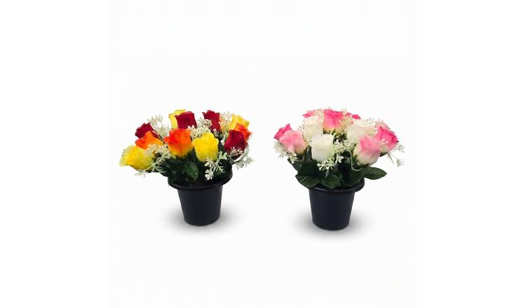 Homescapes Artificial Rosebud and Mimosa Gravepot Set - Yellow