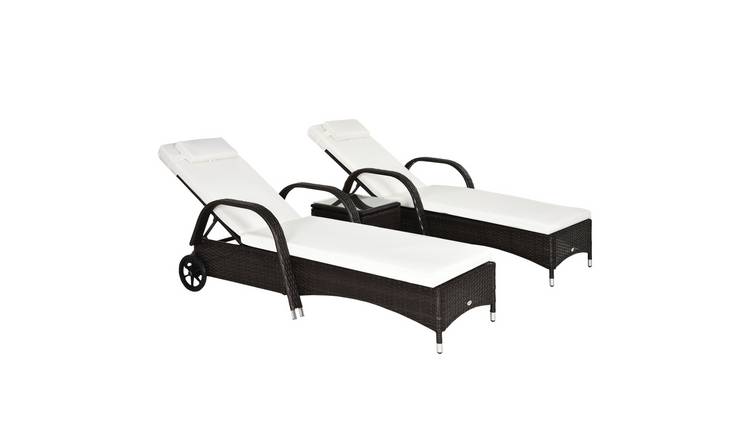 Outsunny Set of 2 Rattan Adjustable Reclining Garden Sun Lounger - Brown