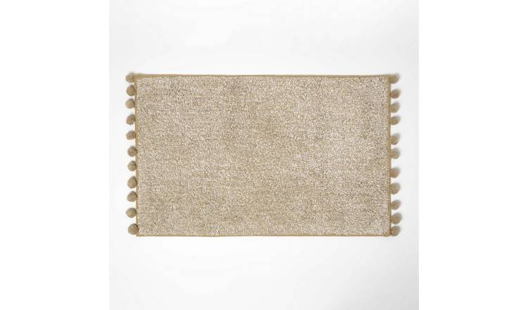 Homescapes Tufted Cotton Bath Mat with Pom Pom Edges - Natural