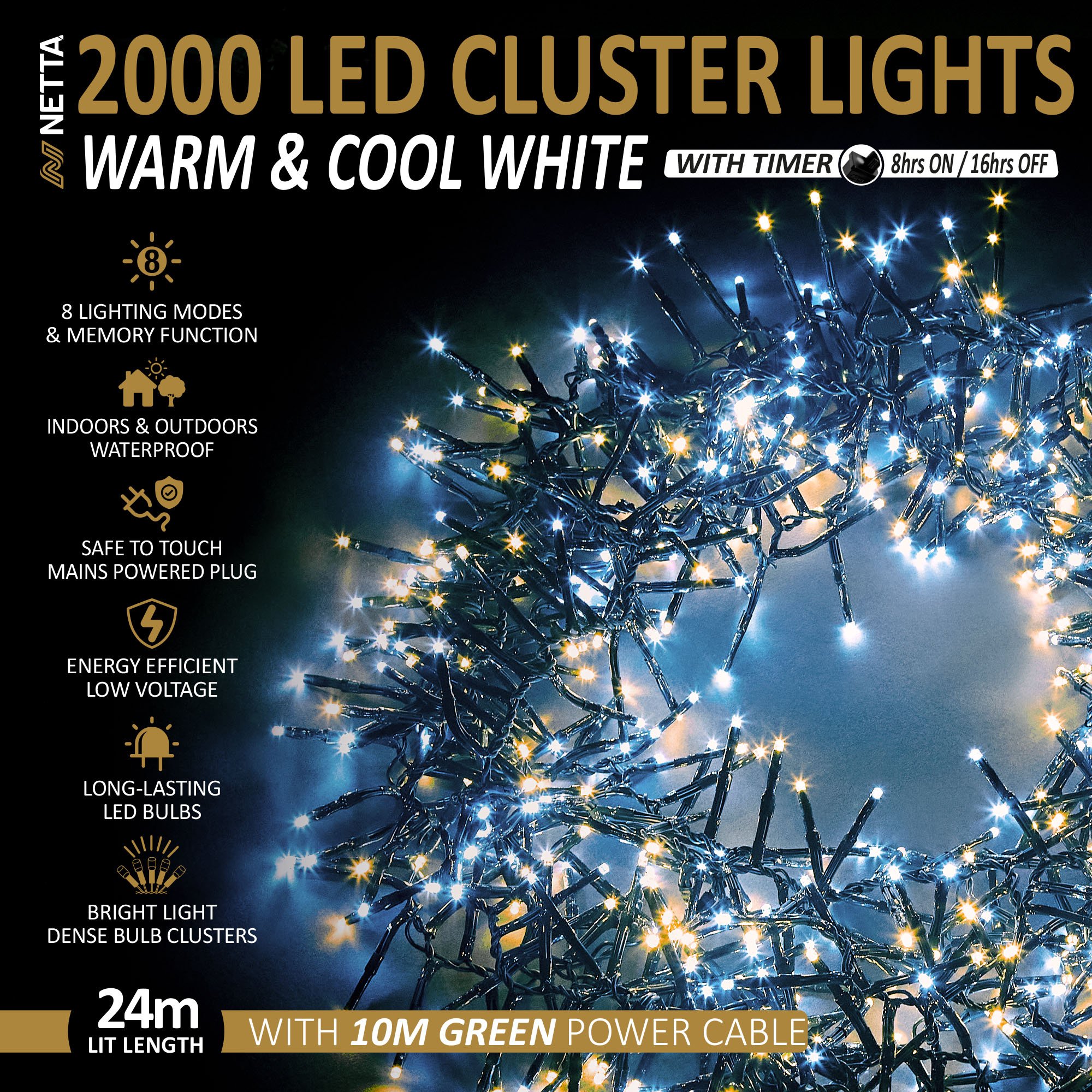 NETTA 2000 LED 24m Christmas Cluster Lights with Timer - Warm & Cool White - Image 2