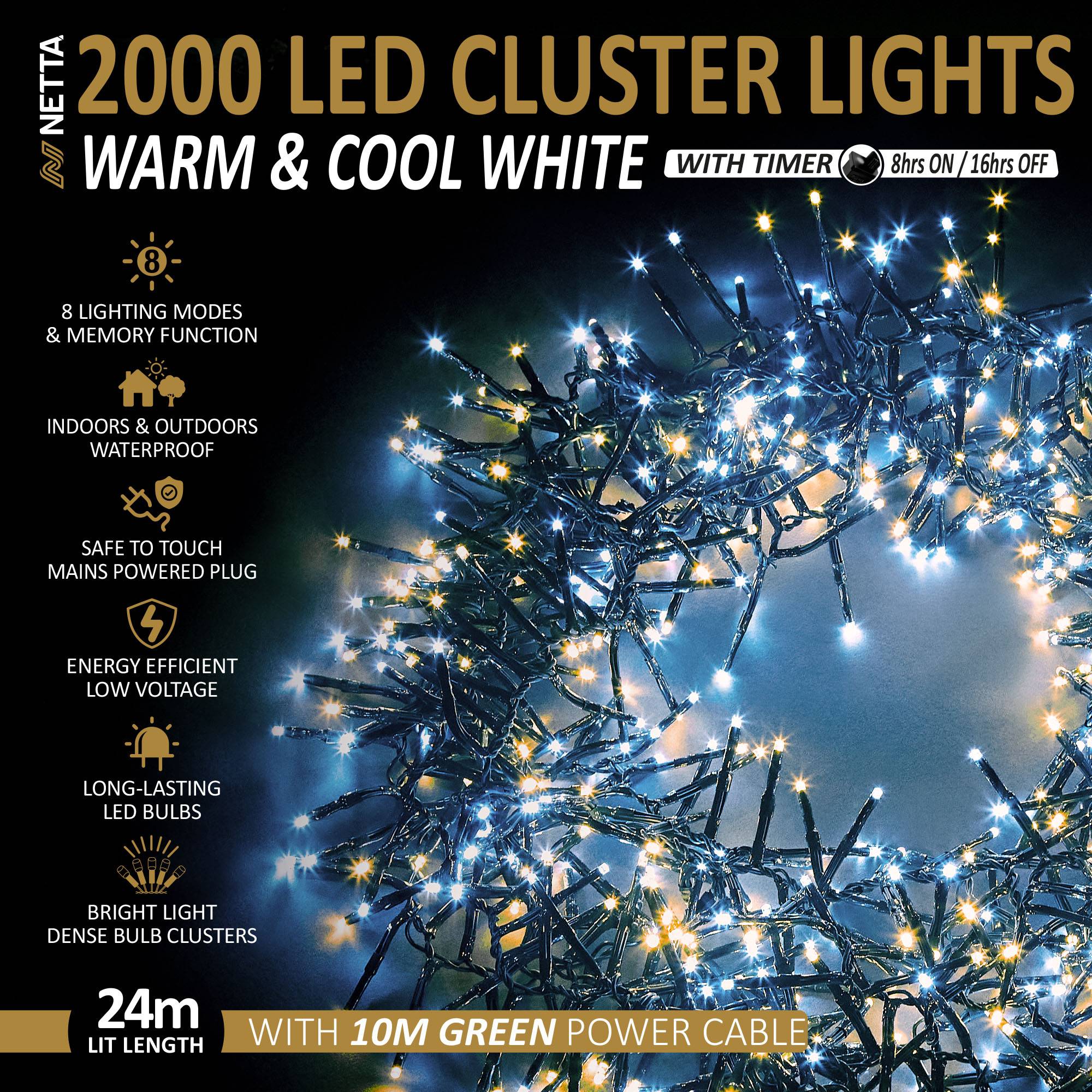 NETTA 2000 LED 24m Christmas Cluster Lights with Timer - Warm & Cool White - Image 2
