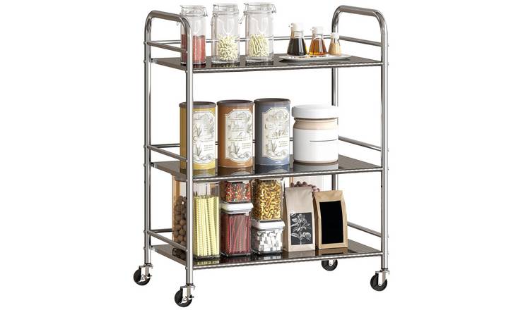 HOMCOM 3 Tier Stainless Steel Kitchen Trolley with Adjustable Shelves - Silver