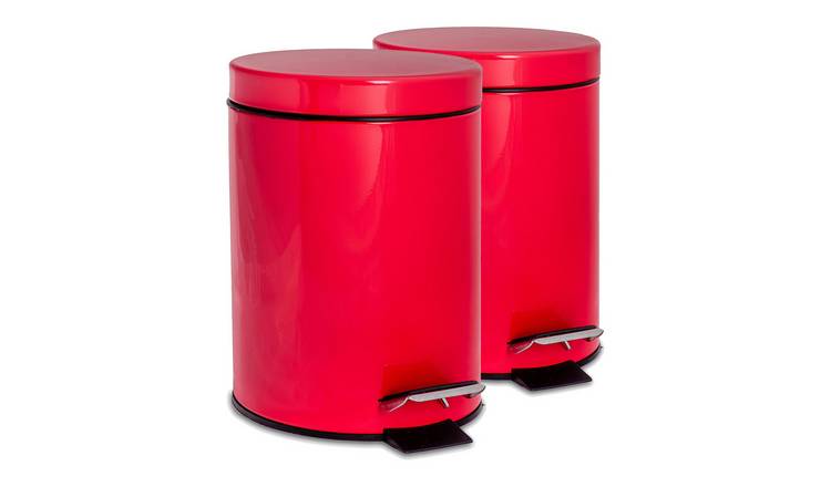 Harbour Housewares Round Stainless Steel Pedal Bins - 3 Litre - Red - Pack of 2