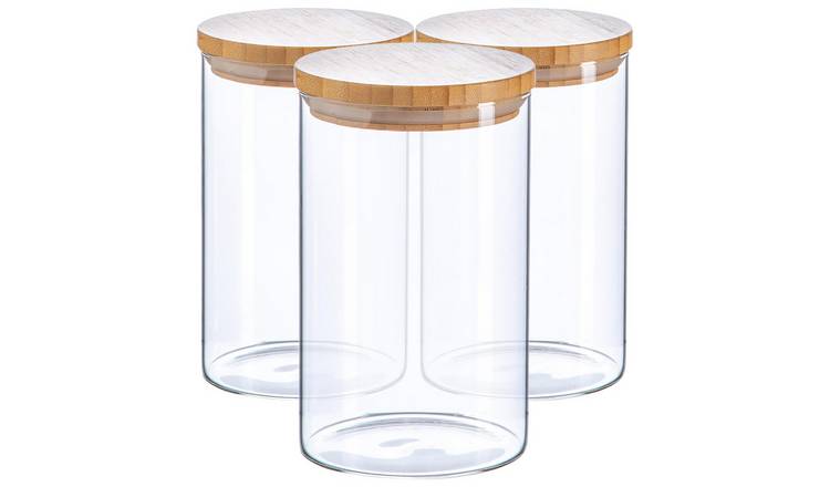 Argon Tableware Scandi Glass Storage Jars with Wooden Lids - Pack of 3