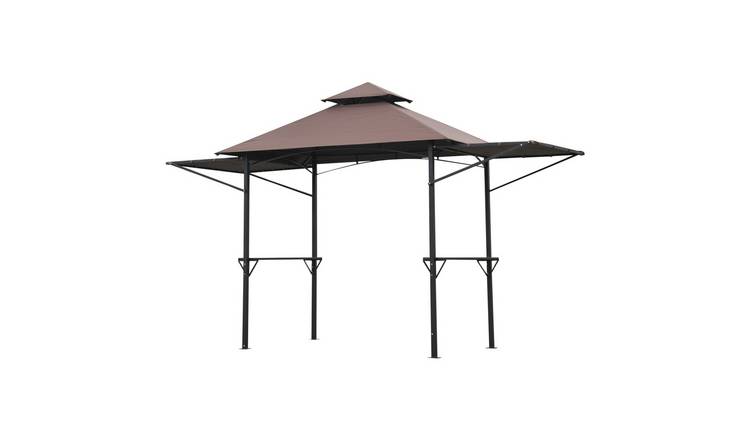 Outsunny Garden Gazebo with Extendable Awnings with 2 Side Shelves - Brown