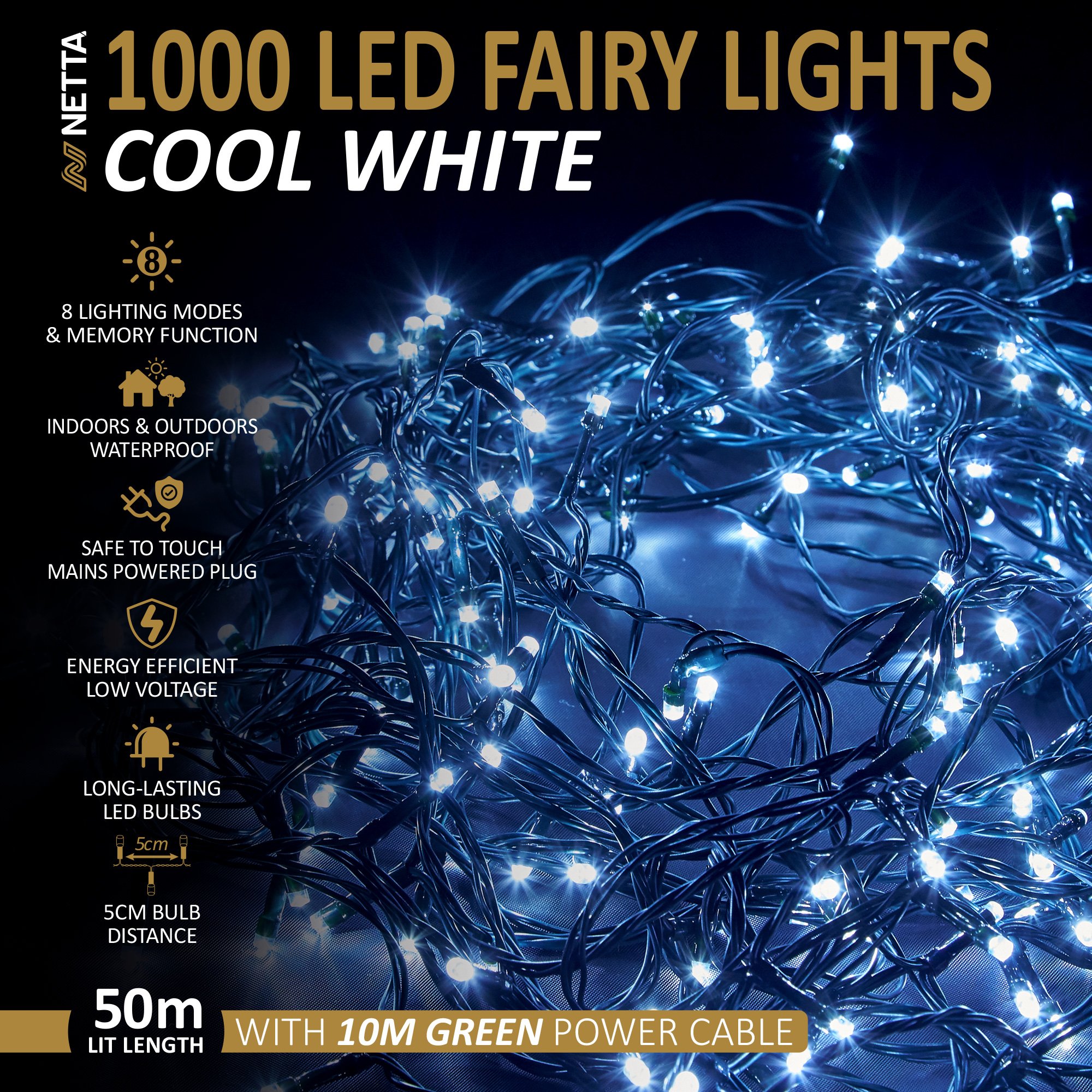 NETTA 1000 LED 50m Christmas Fairy String Lights - Cool White - Image 2