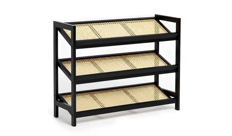 Keplin 3 Tier Bamboo & Rattan Shoe Rack - Black & Natural