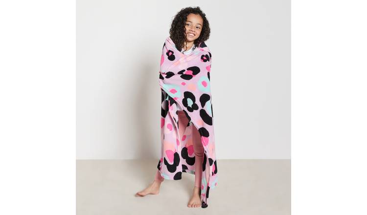 OHS Kids Leopard Print Hooded Wearable Blanket Throw 100 x 125cm - Lilac