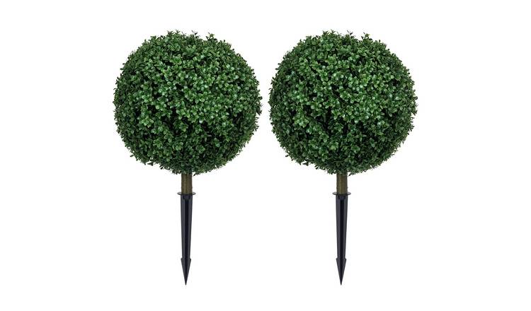 HOMCOM Set of 2 Artificial Boxwood Topiary Ball Bush with Ground Stake - Green