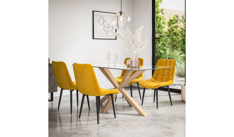 Furniture Online Etta Nova Glass Top Dining Table & 6 Mustard Chairs