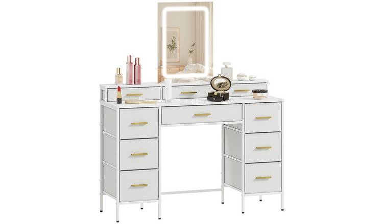 HOMCOM Dressing Table with LED Light Mirror and 10 Fabric Drawers - White