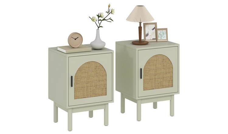 HOMCOM Set of 2 MDF and Rattan Adjustable Shelf Bedside Tables – Light Green