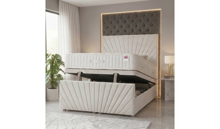Somnior Velvet Small Double Ottoman Divan Bed with Memory Mattress - White