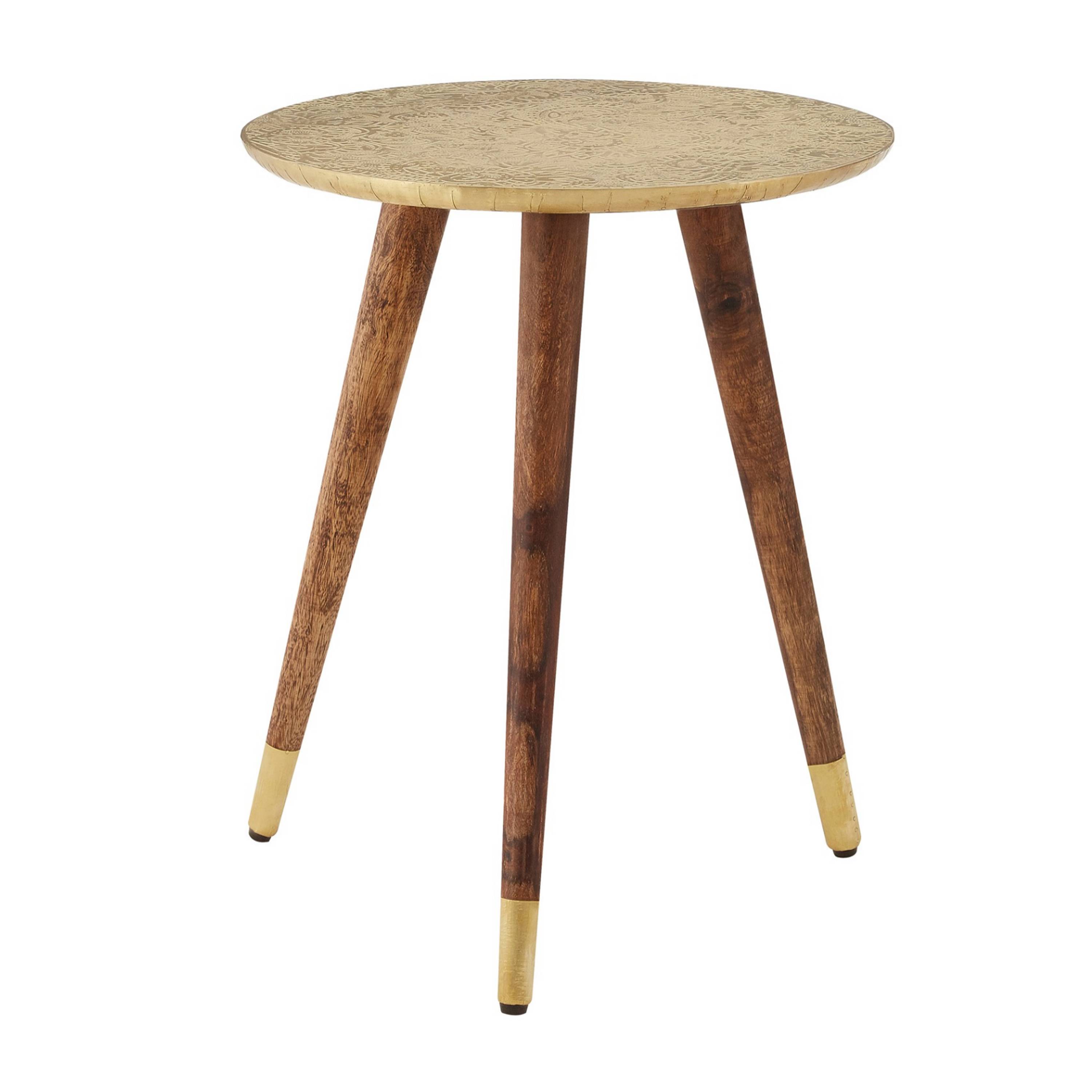 Orsina Boho Carved Metal Top Side Table – Gold & Natural - Image 1