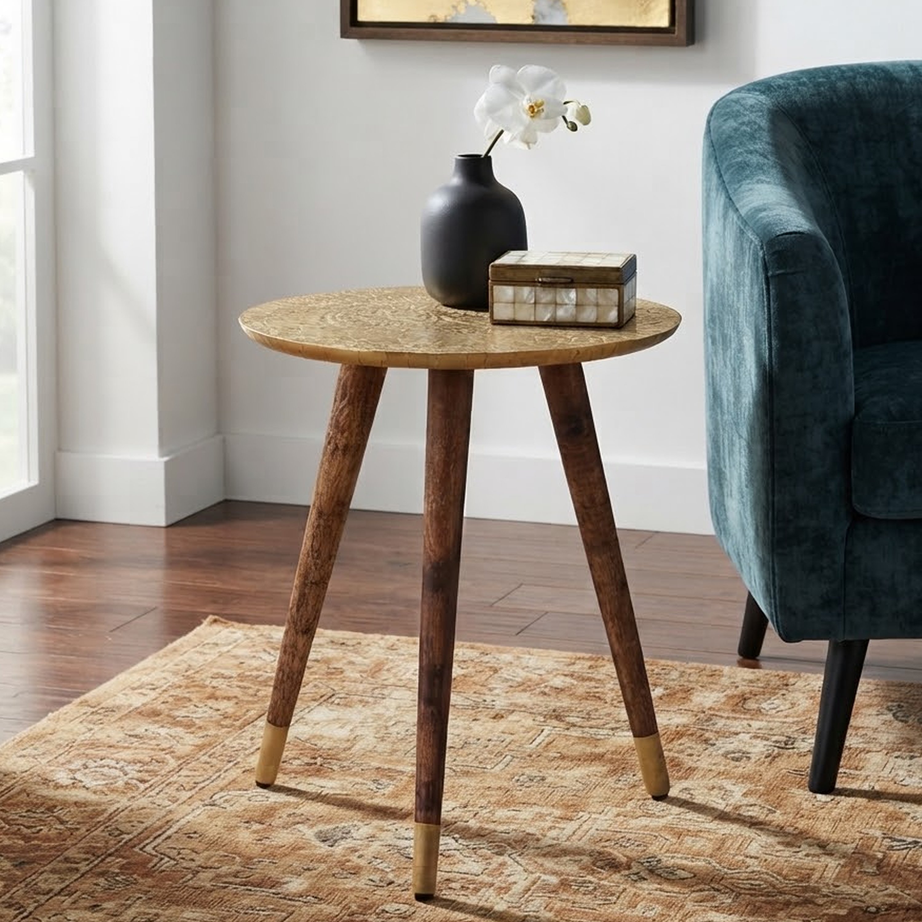Orsina Boho Carved Metal Top Side Table – Gold & Natural - Image 2