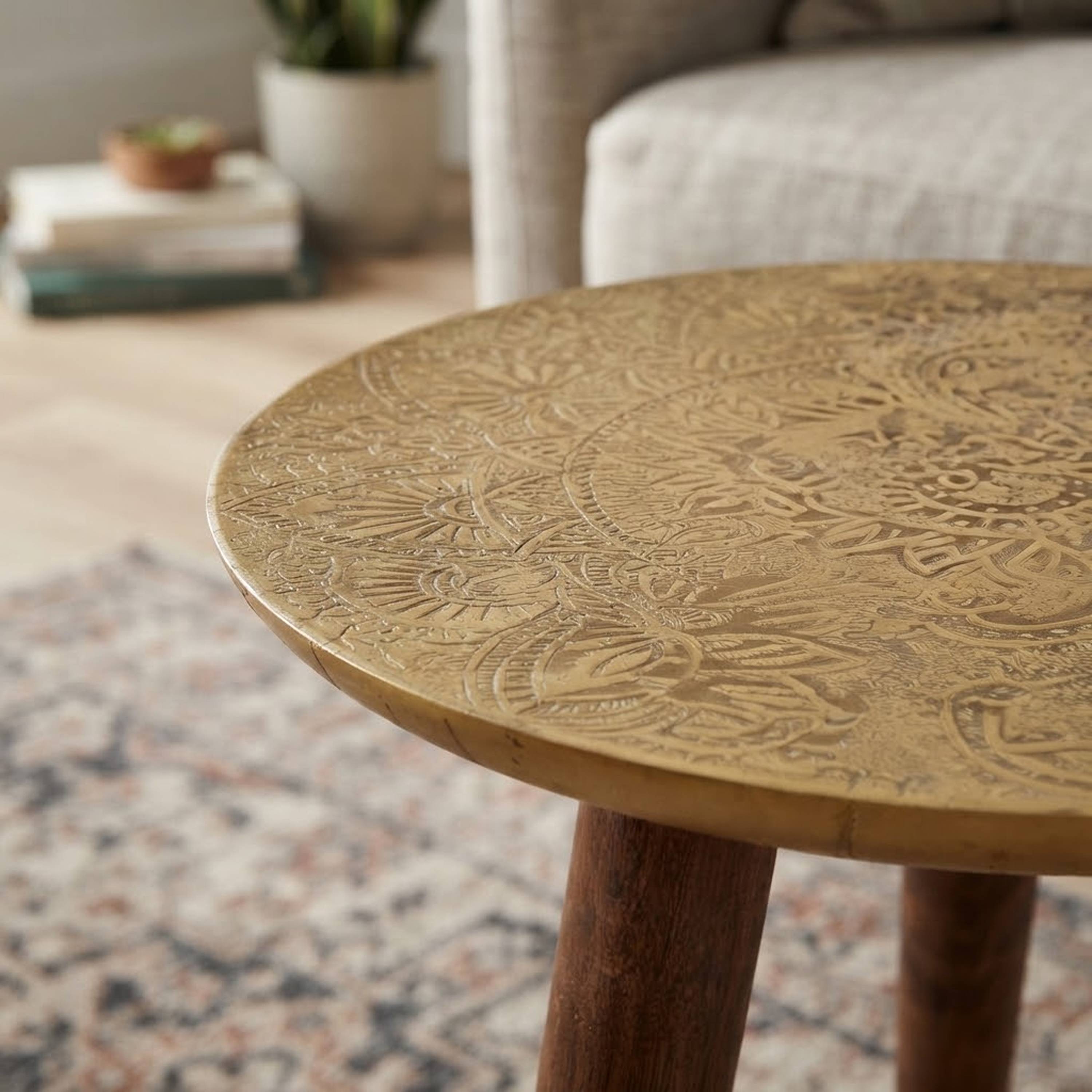 Orsina Boho Carved Metal Top Side Table – Gold & Natural - Image 3
