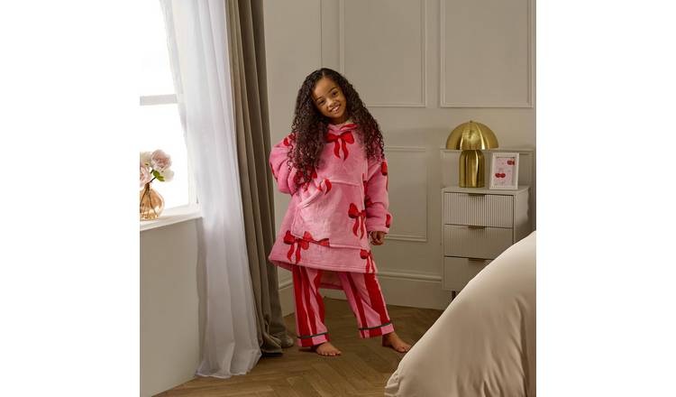 OHS Kids Bow Print Hoodie Blanket - One Size - Red/Pink