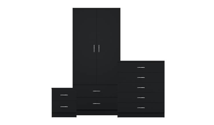 Vida Designs Riano Bedroom Set (Bedside, 5 Drawer Chest, 2x2 Wardrobe) - Black