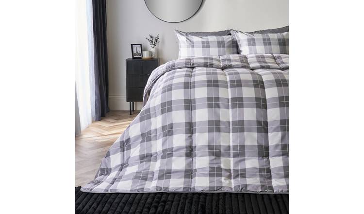 OHS Gingham Reversible 10.5 Tog Coverless Duvet Set Bedding Grey - King