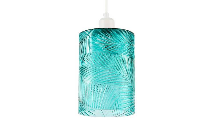 Happy Homewares Teal Embossed Glass with Pressed Leaf Pendant Shade - 14cm