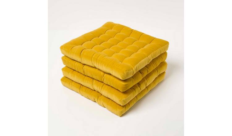 Homescapes Pack of 4 Velvet Seat Pad Chair Cushions - Mustard Yellow