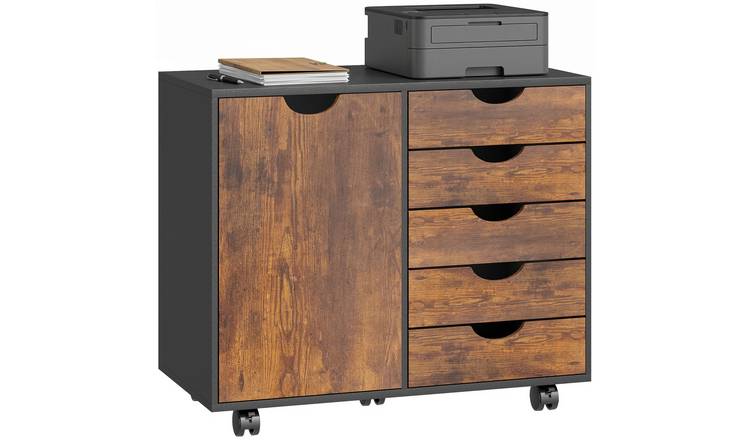 HOMCOM 5 Drawers Lateral Office Storage Cabinet on Wheels - Rustic Brown
