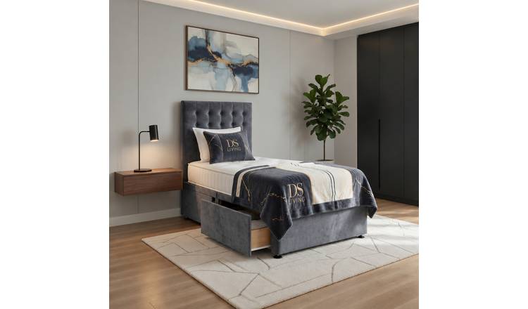 DS Living Casia Single 2 Drawer Velvet Divan Bed Frame - Grey